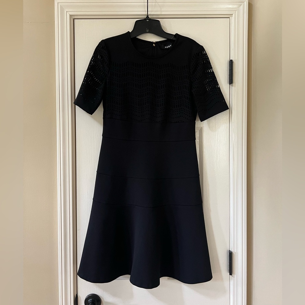 DKNY Black Midi Dress with Cutout Geometric Lace Detail Size 4